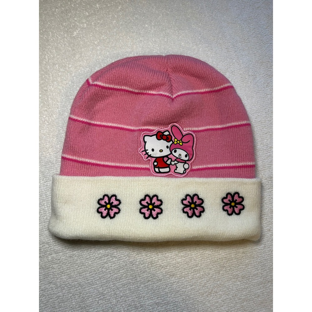 Kids Hello Kitty My‎ Melody Pink Striped Beanie Hat Flowers